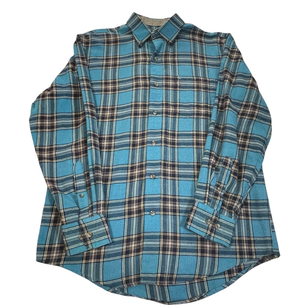 IZOD Mens Medium Teal Blue Plaid Long Sleeve Button Down Flannel 45GW210443